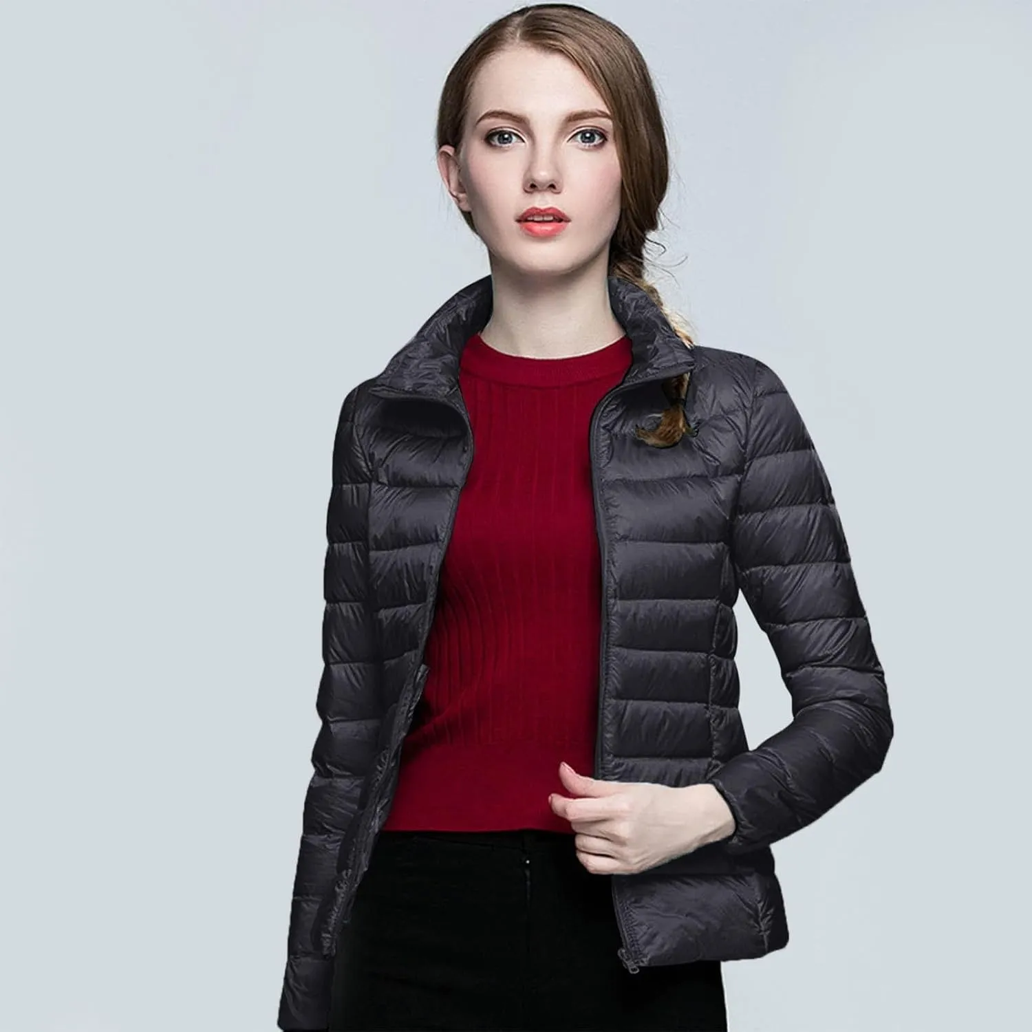 Packable Down Jacket Women Lightweight Full Zip Puffer Jackets Casual Warm Stand Collar Quilted Winter Coat with Hood