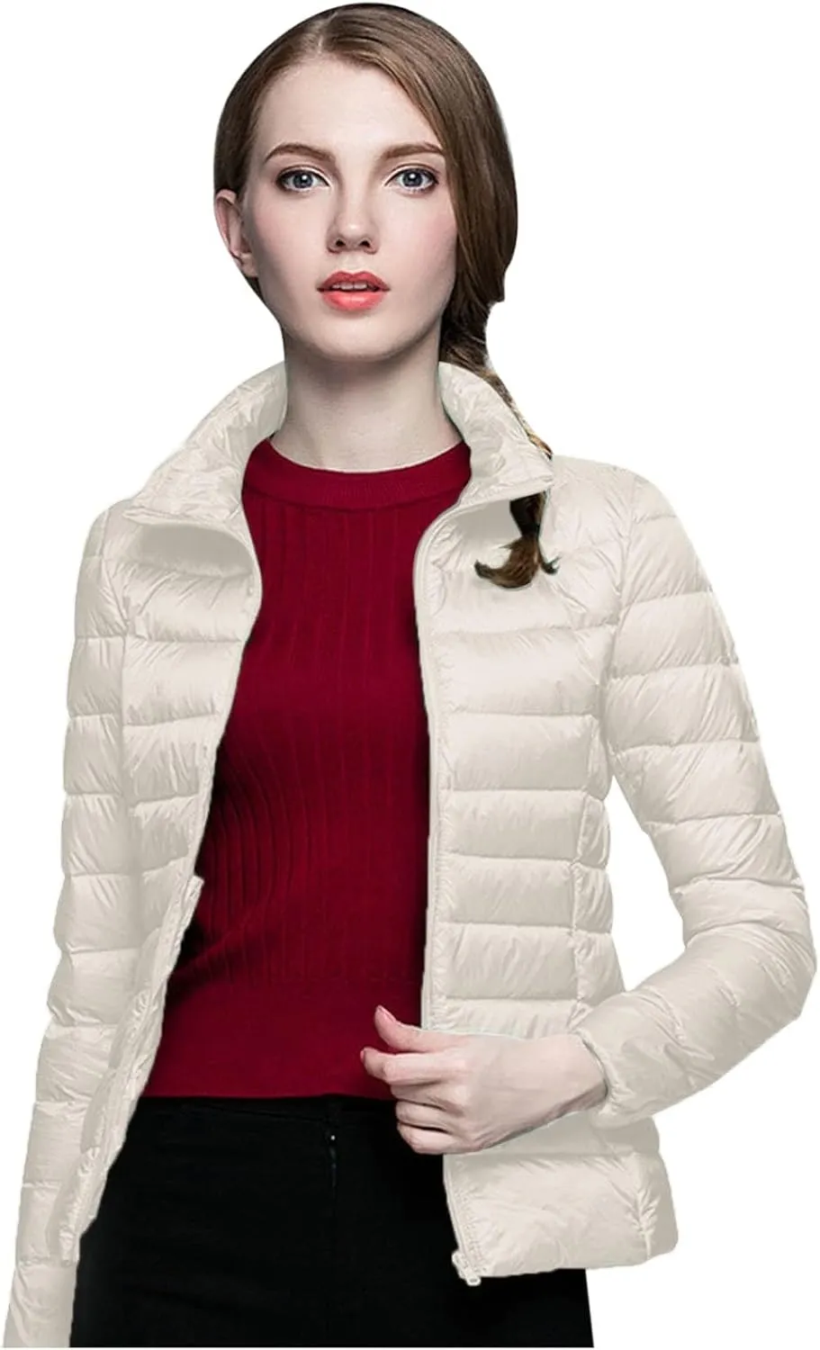 Packable Down Jacket Women Lightweight Full Zip Puffer Jackets Casual Warm Stand Collar Quilted Winter Coat with Hood