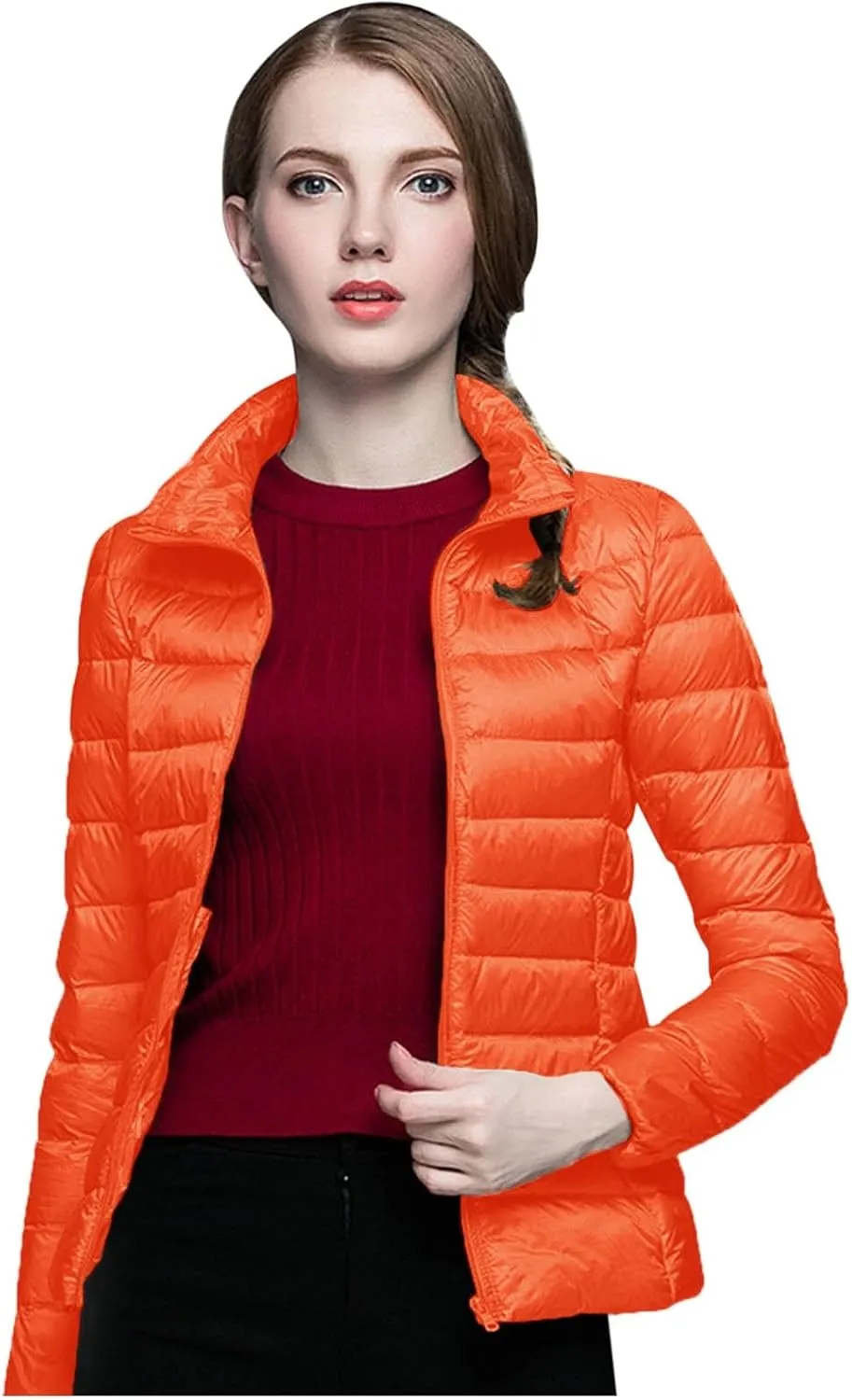 Packable Down Jacket Women Lightweight Full Zip Puffer Jackets Casual Warm Stand Collar Quilted Winter Coat with Hood