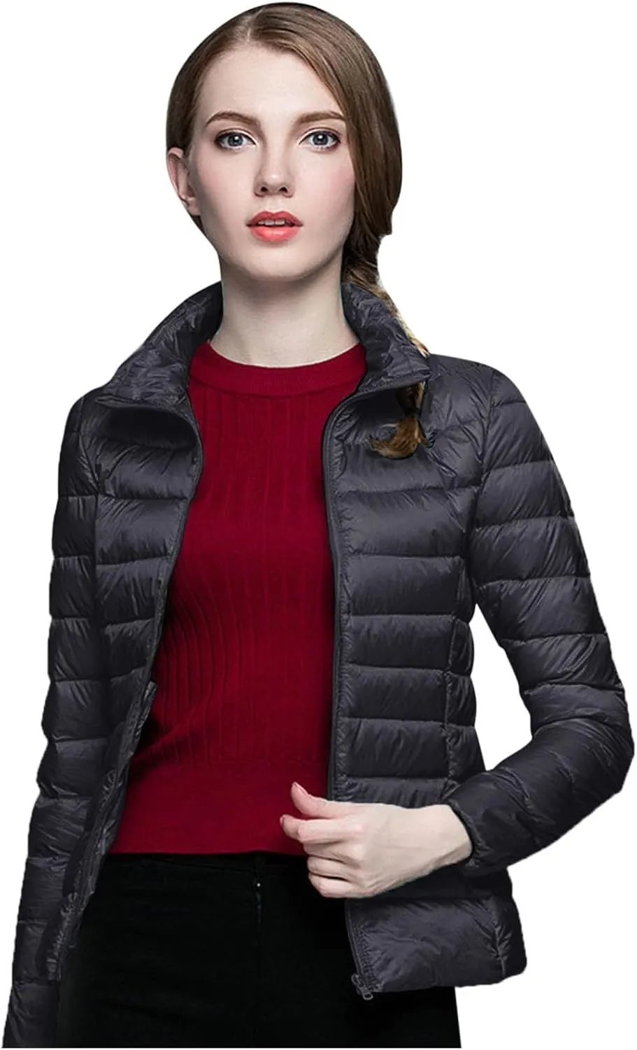 Packable Down Jacket Women Lightweight Full Zip Puffer Jackets Casual Warm Stand Collar Quilted Winter Coat with Hood