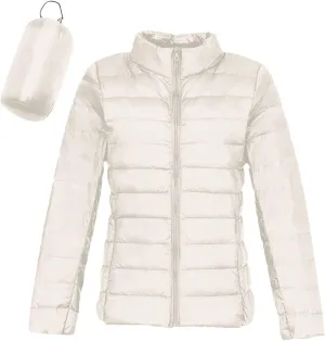 Packable Down Jacket Women Lightweight Full Zip Puffer Jackets Casual Warm Stand Collar Quilted Winter Coat with Hood