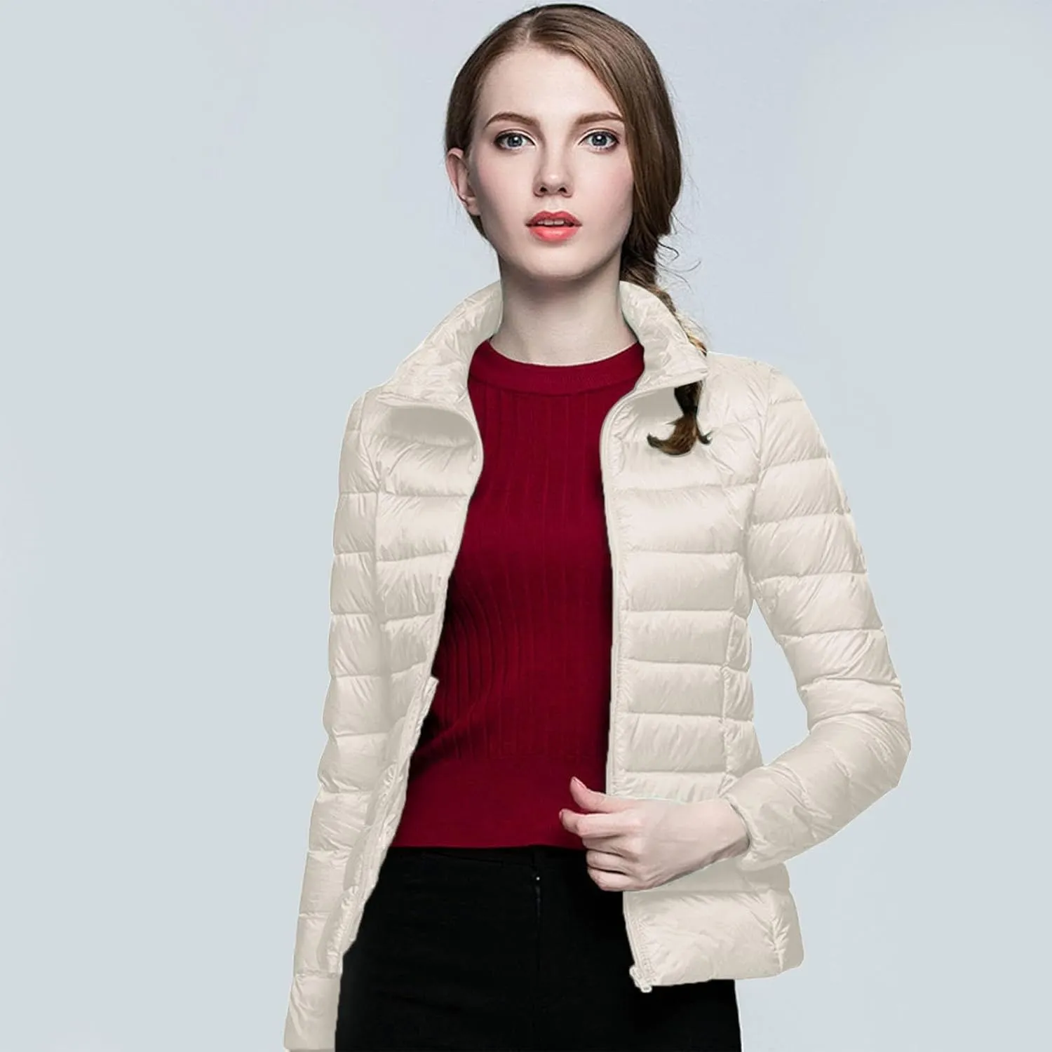 Packable Down Jacket Women Lightweight Full Zip Puffer Jackets Casual Warm Stand Collar Quilted Winter Coat with Hood