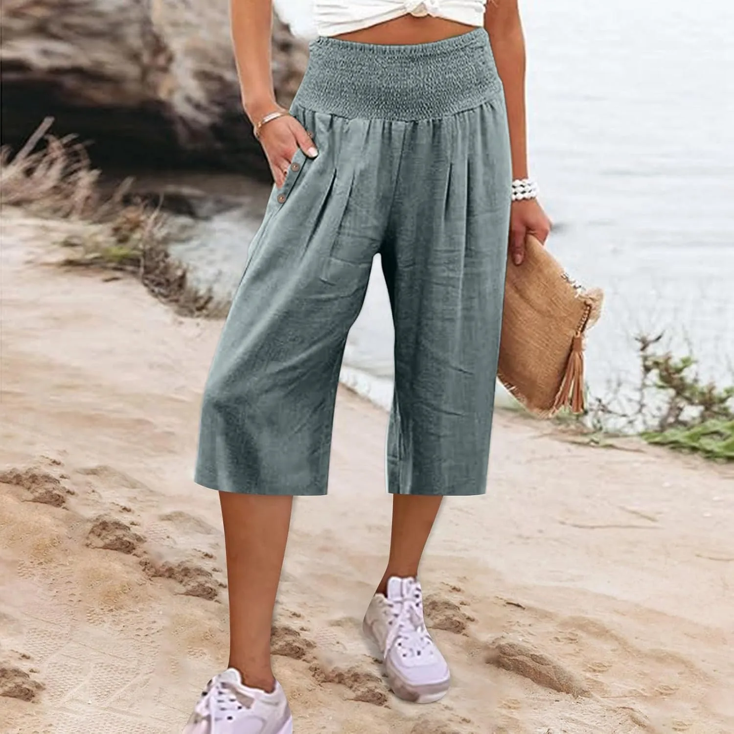 Pants for Women, Capri Pants Tummy Control with Pockets High Waist Wide