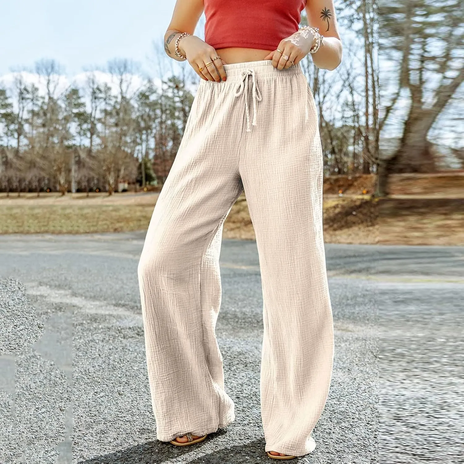 Pants for Women, Wide Leg Straight High Waisted Linen Pants Summer Casual
