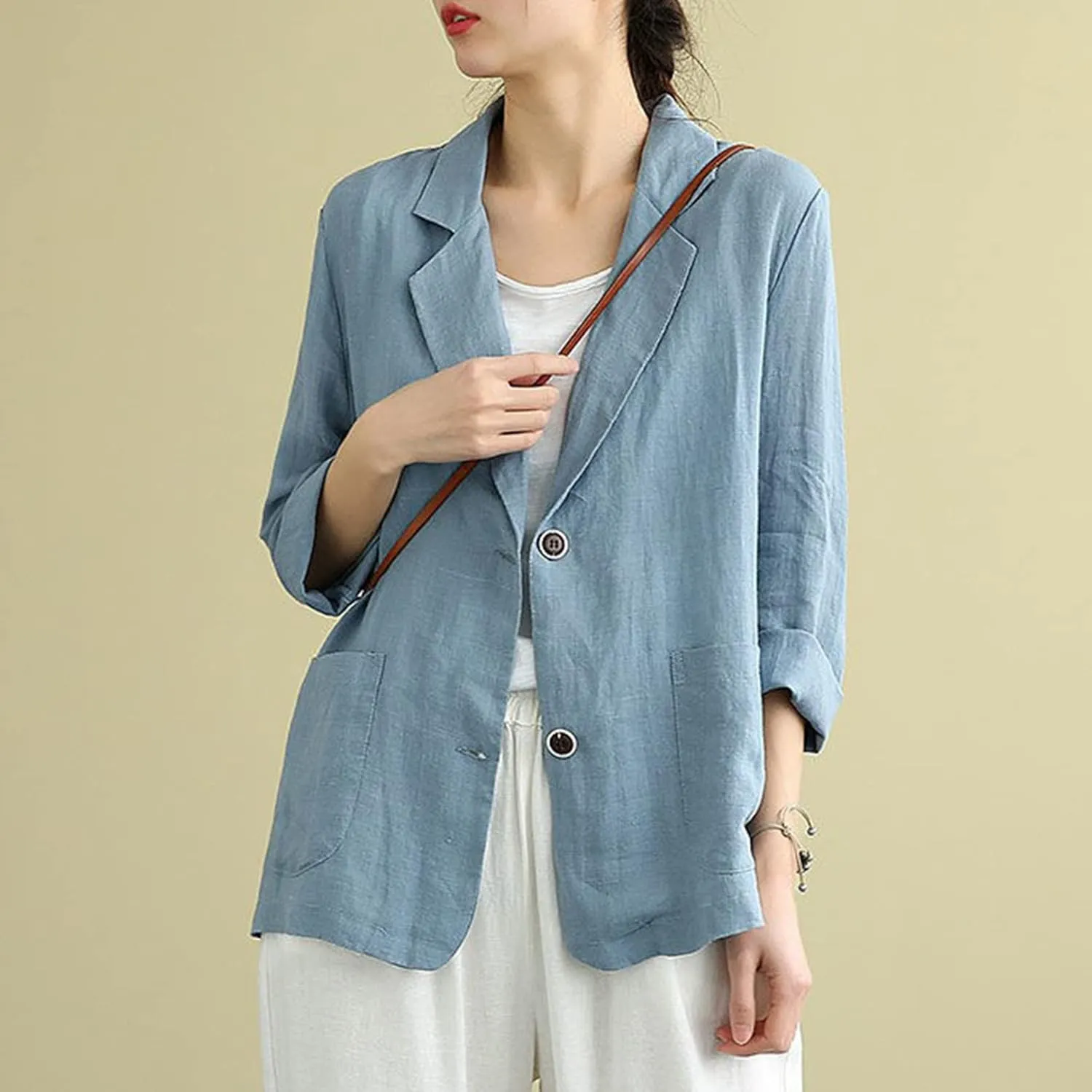 PEHMEA Women's Linen Blazer Jackets 2 Button Thin Leisure Suit Coat Office Work Linen Jacket Suit