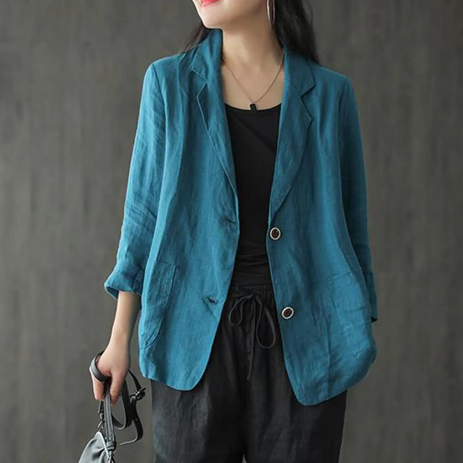 PEHMEA Women's Linen Blazer Jackets 2 Button Thin Leisure Suit Coat Office Work Linen Jacket Suit
