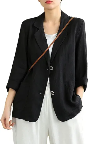PEHMEA Women's Linen Blazer Jackets 2 Button Thin Leisure Suit Coat Office Work Linen Jacket Suit