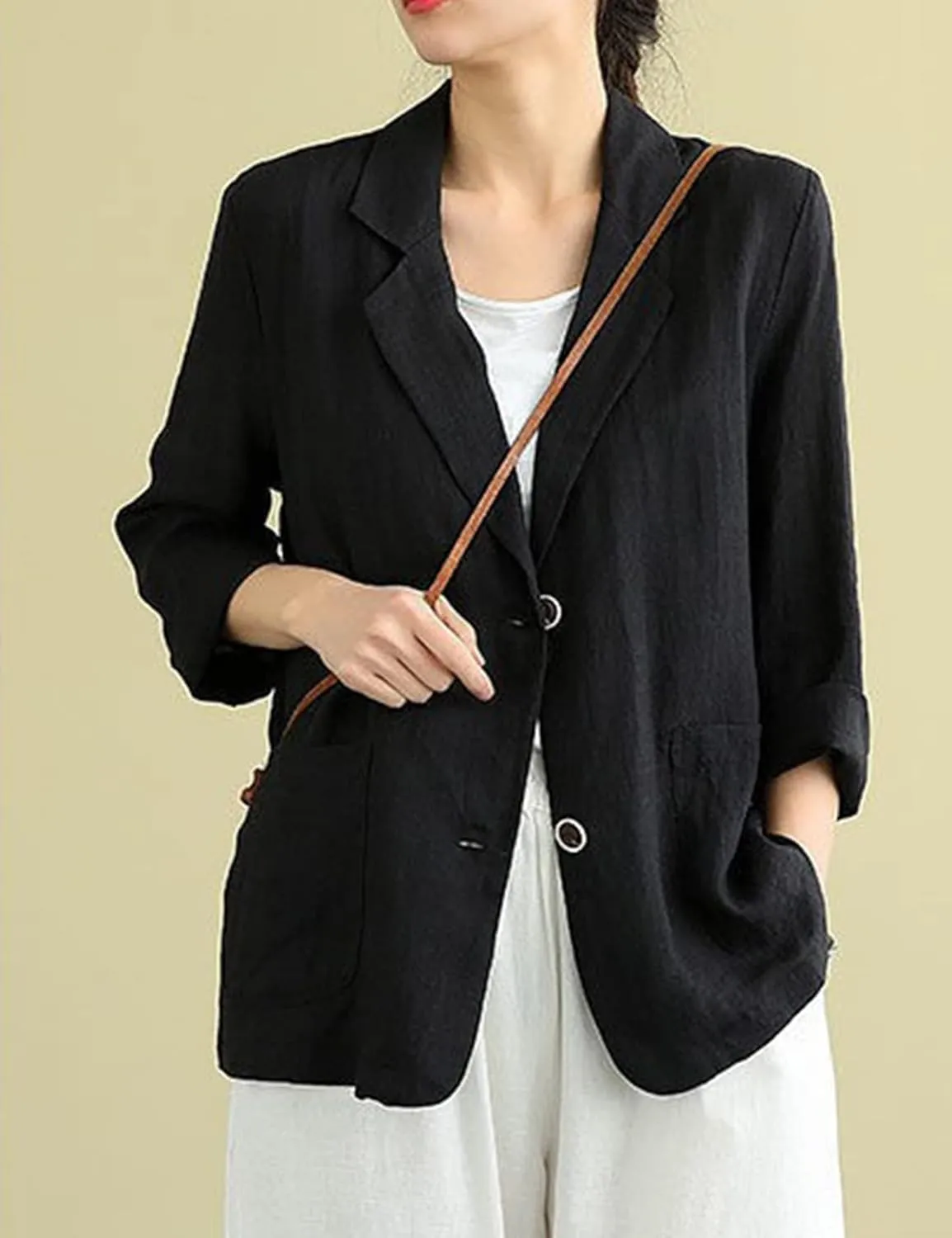 PEHMEA Women's Linen Blazer Jackets 2 Button Thin Leisure Suit Coat Office Work Linen Jacket Suit