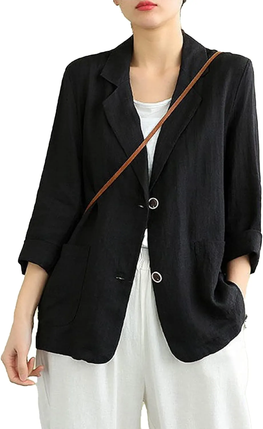 PEHMEA Women's Linen Blazer Jackets 2 Button Thin Leisure Suit Coat Office Work Linen Jacket Suit