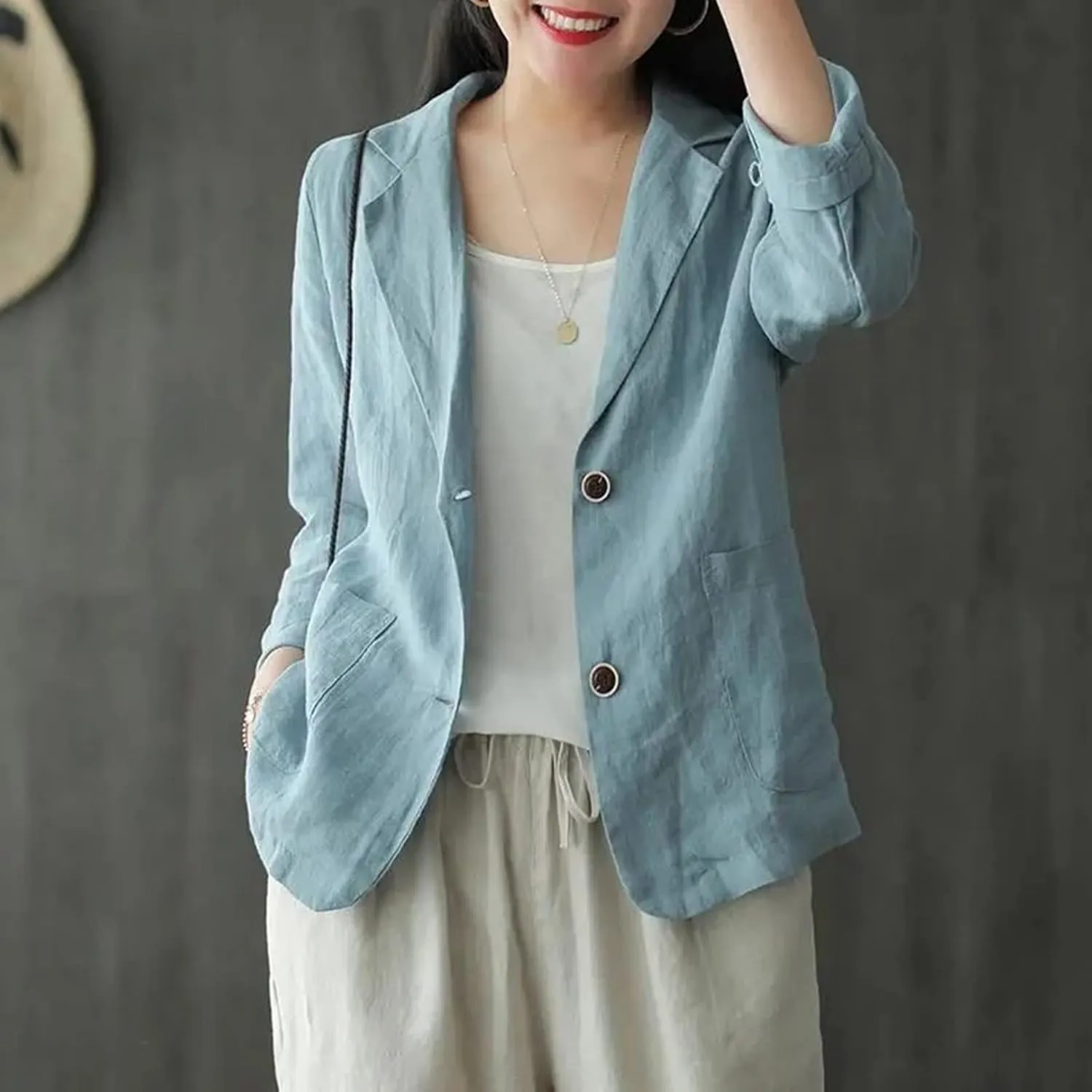 PEHMEA Women's Linen Blazer Jackets 2 Button Thin Leisure Suit Coat Office Work Linen Jacket Suit