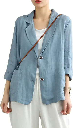 PEHMEA Women's Linen Blazer Jackets 2 Button Thin Leisure Suit Coat Office Work Linen Jacket Suit
