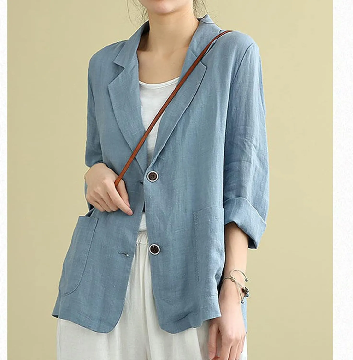 PEHMEA Women's Linen Blazer Jackets 2 Button Thin Leisure Suit Coat Office Work Linen Jacket Suit