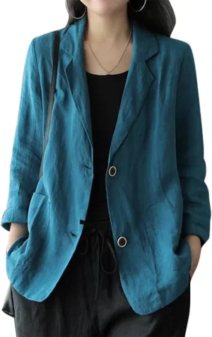 PEHMEA Women's Linen Blazer Jackets 2 Button Thin Leisure Suit Coat Office Work Linen Jacket Suit
