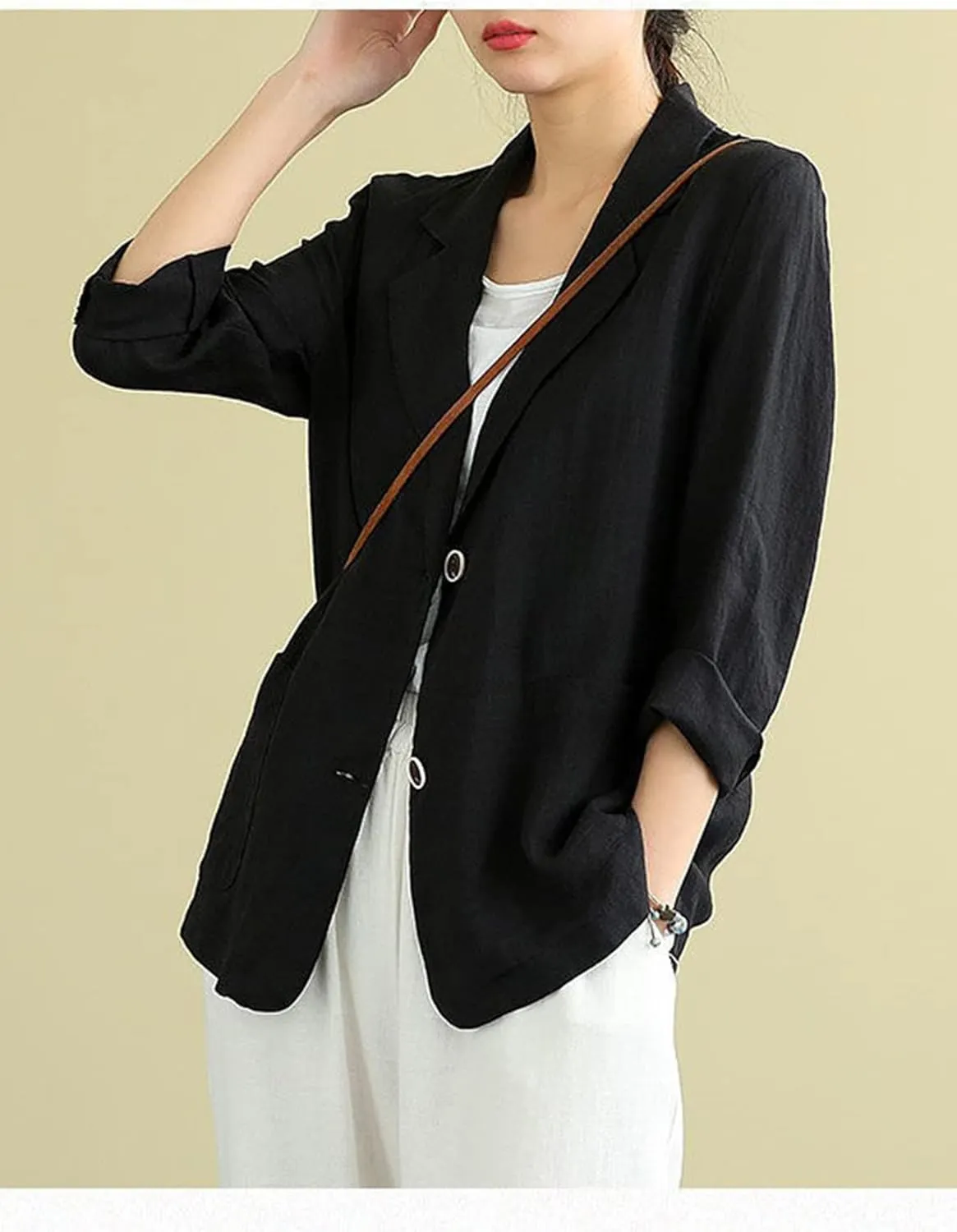 PEHMEA Women's Linen Blazer Jackets 2 Button Thin Leisure Suit Coat Office Work Linen Jacket Suit