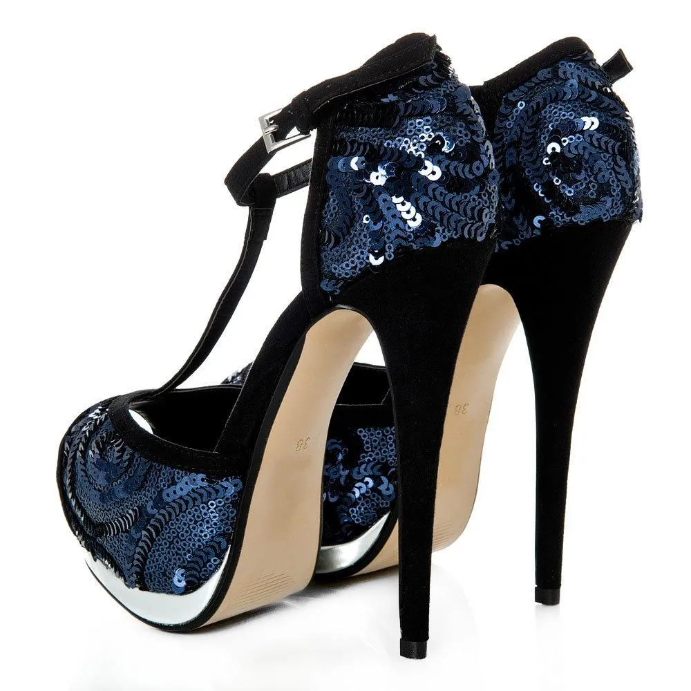 Perm Concealed Platform Peep Toe T-Bar Stiletto High Heel Sequin Shoe