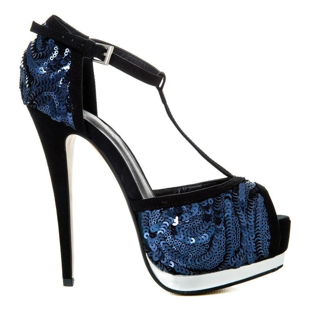 Perm Concealed Platform Peep Toe T-Bar Stiletto High Heel Sequin Shoe