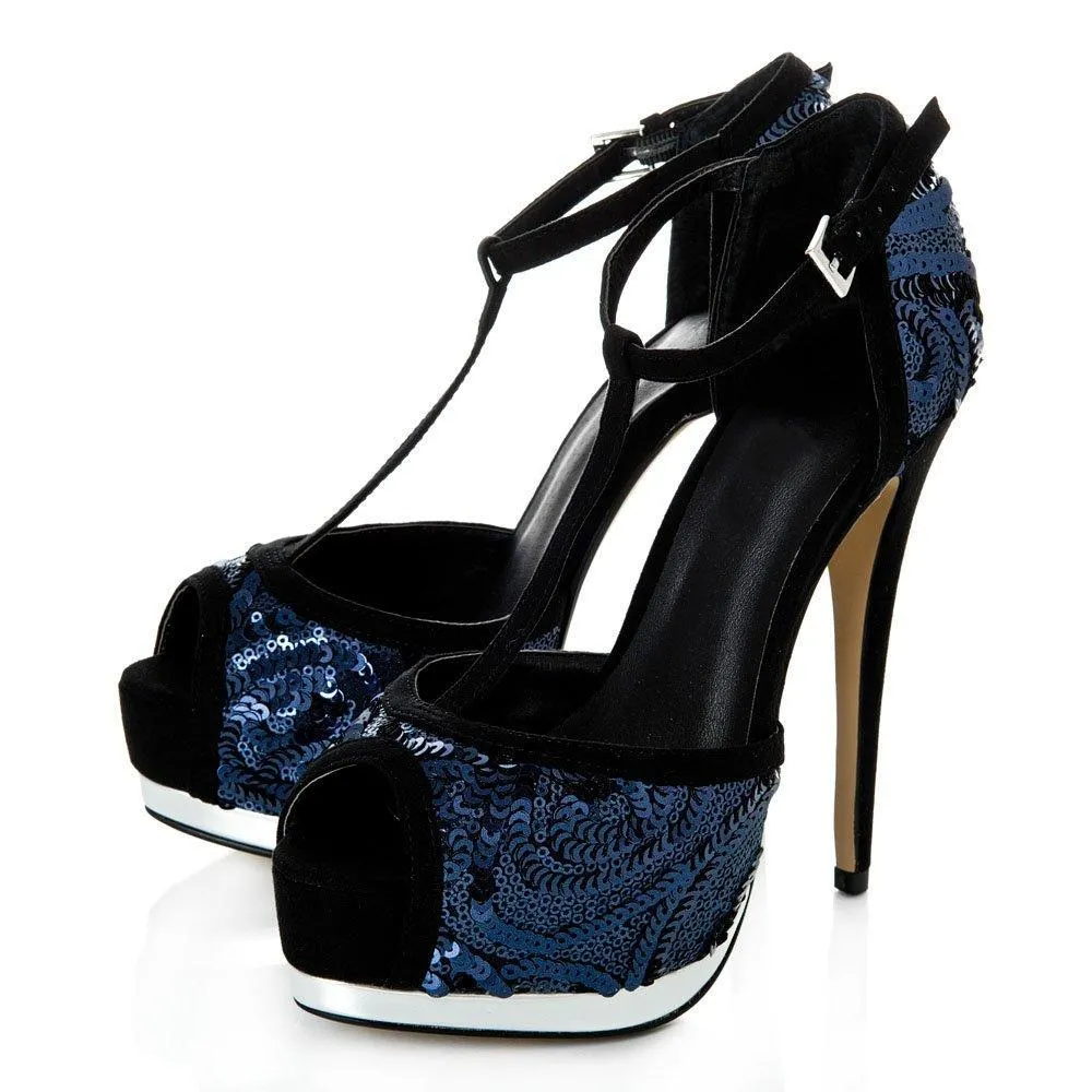 Perm Concealed Platform Peep Toe T-Bar Stiletto High Heel Sequin Shoe