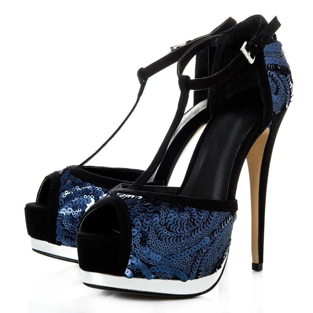 Perm Concealed Platform Peep Toe T-Bar Stiletto High Heel Sequin Shoe