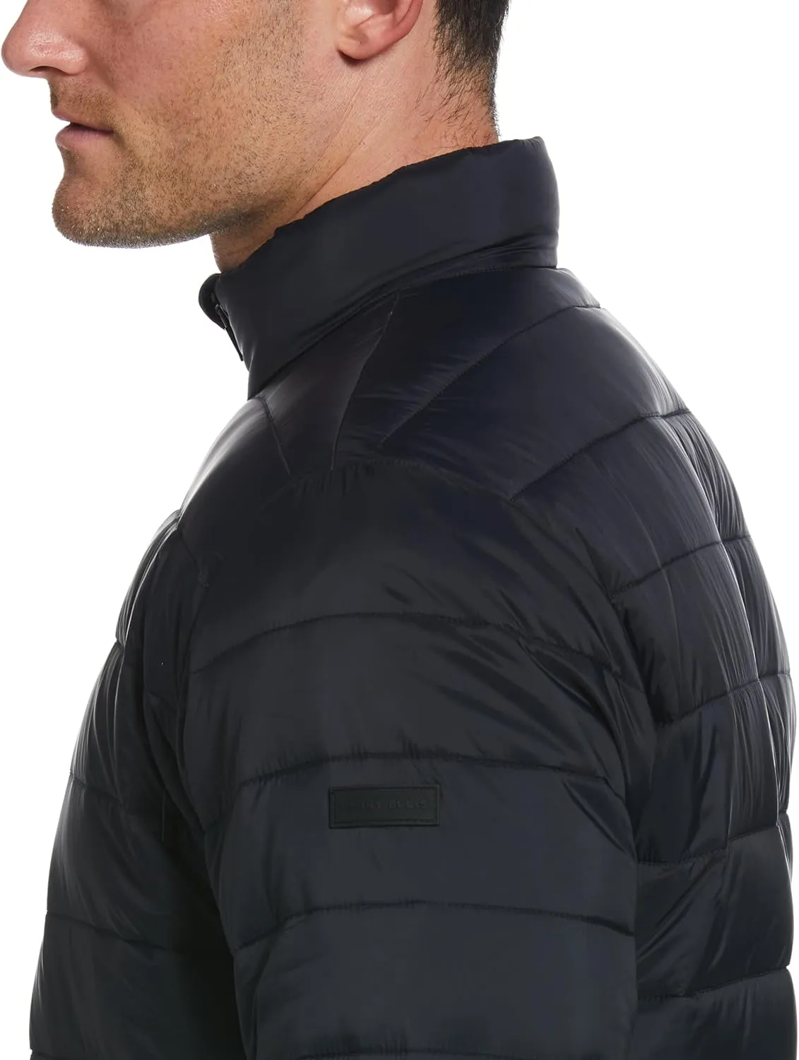 Perry Ellis Men's Long Sleeve Full-Zip Golf Faux Down Jacket, Sun Protection, Mock Collar, Front Pockets, Warming & Flexible