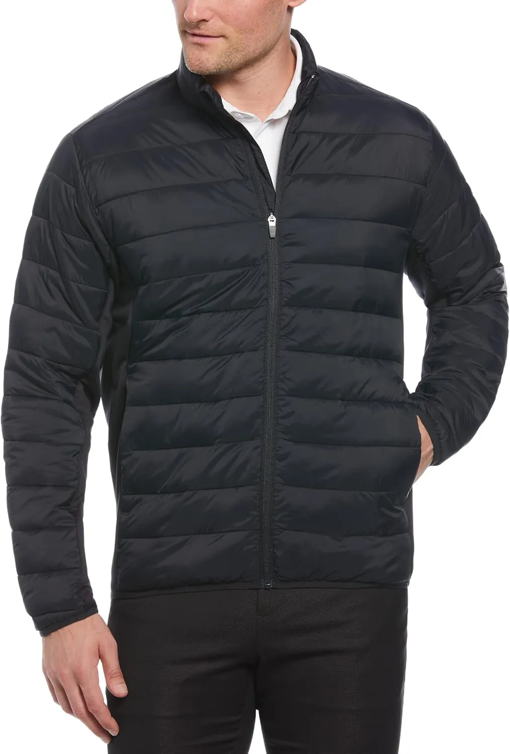 Perry Ellis Men's Long Sleeve Full-Zip Golf Faux Down Jacket, Sun Protection, Mock Collar, Front Pockets, Warming & Flexible