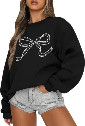 Pink Bow Sweatshirt Oversized Crewneck Sweatshirt Fall Pullover Sweatshirt Long Sleeve Bow Print Sweater Y2k Tops