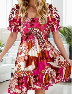 Pink Satin Smocked Puff Sleeve Ruffle Hem Dress