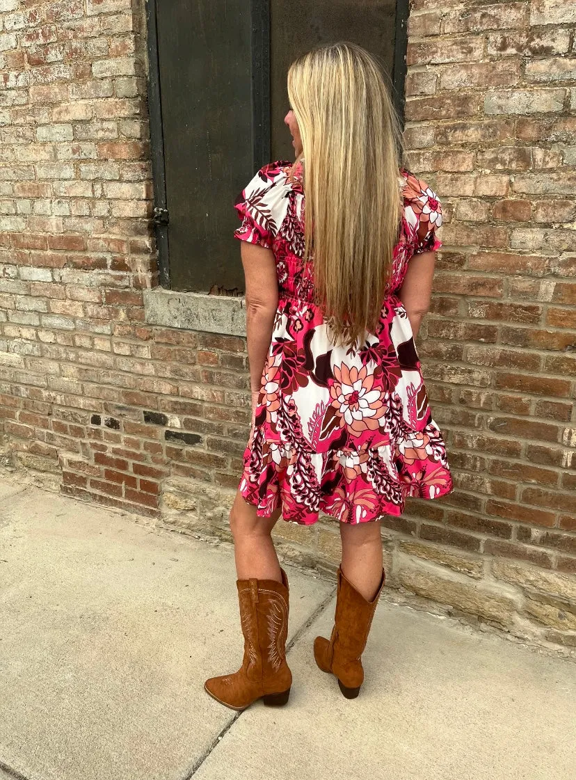 Pink Satin Smocked Puff Sleeve Ruffle Hem Dress
