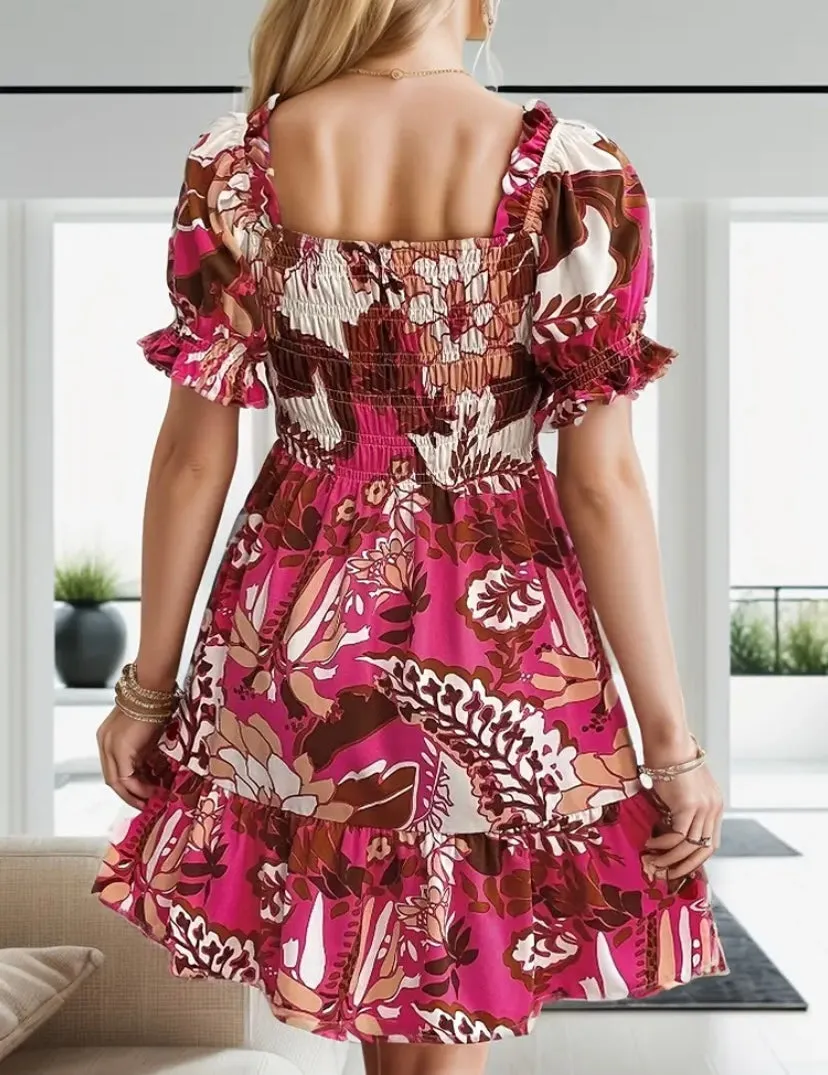 Pink Satin Smocked Puff Sleeve Ruffle Hem Dress