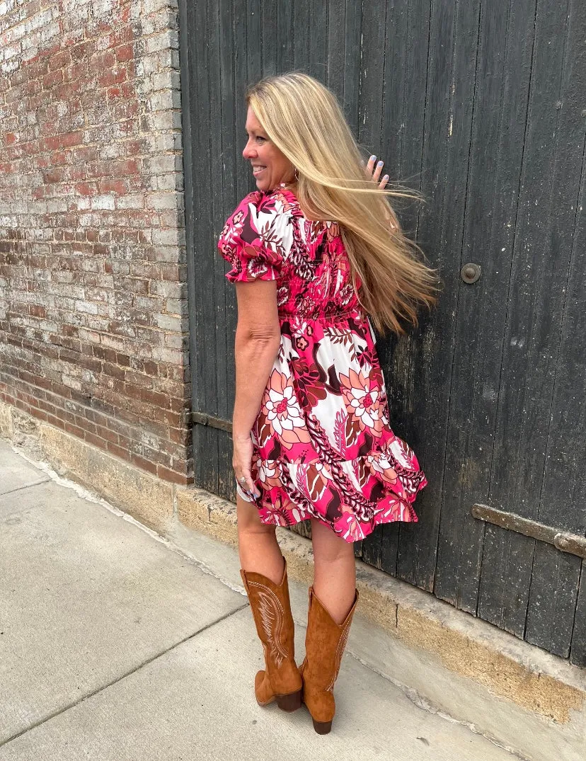 Pink Satin Smocked Puff Sleeve Ruffle Hem Dress