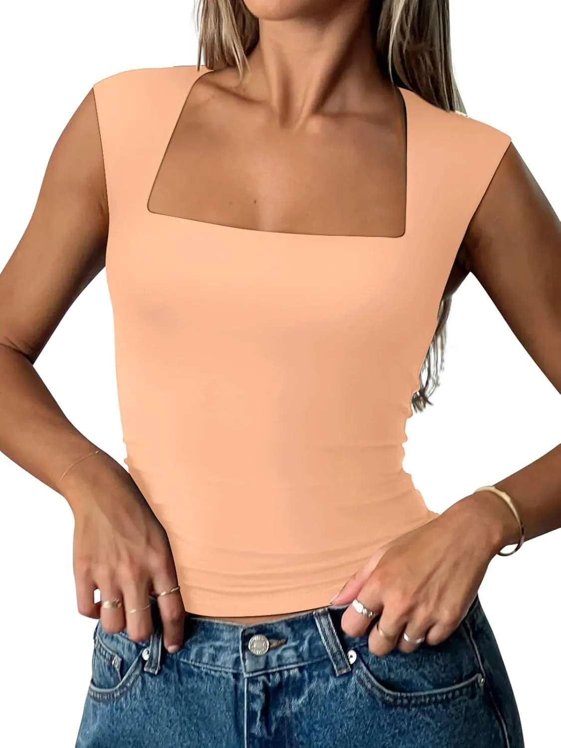 PINKMSTYLE Womens Basic Square Neck Tank Tops Double Lined Fitted Summer Tops Cute Sleeveless Shirts
