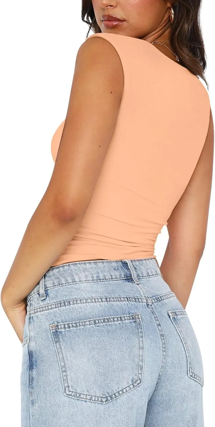 PINKMSTYLE Womens Basic Square Neck Tank Tops Double Lined Fitted Summer Tops Cute Sleeveless Shirts