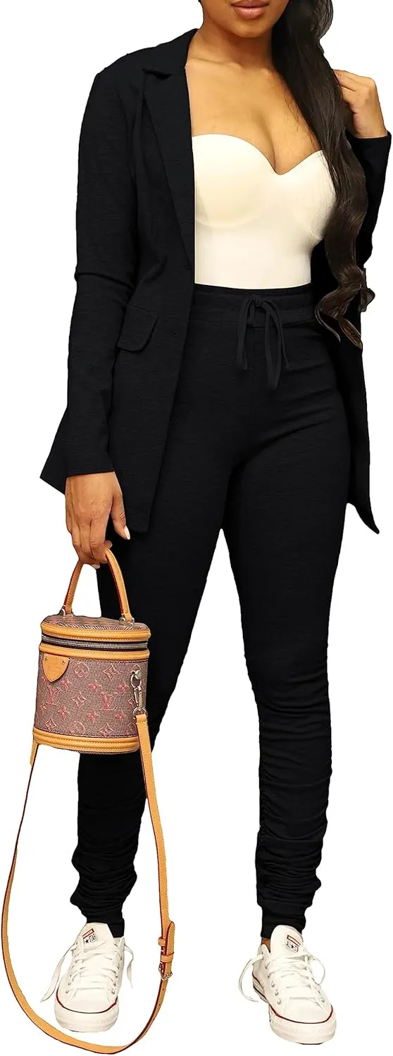PINSV Women Casual Blazer Work Business Open Front Long Sleeve Suit Jacket