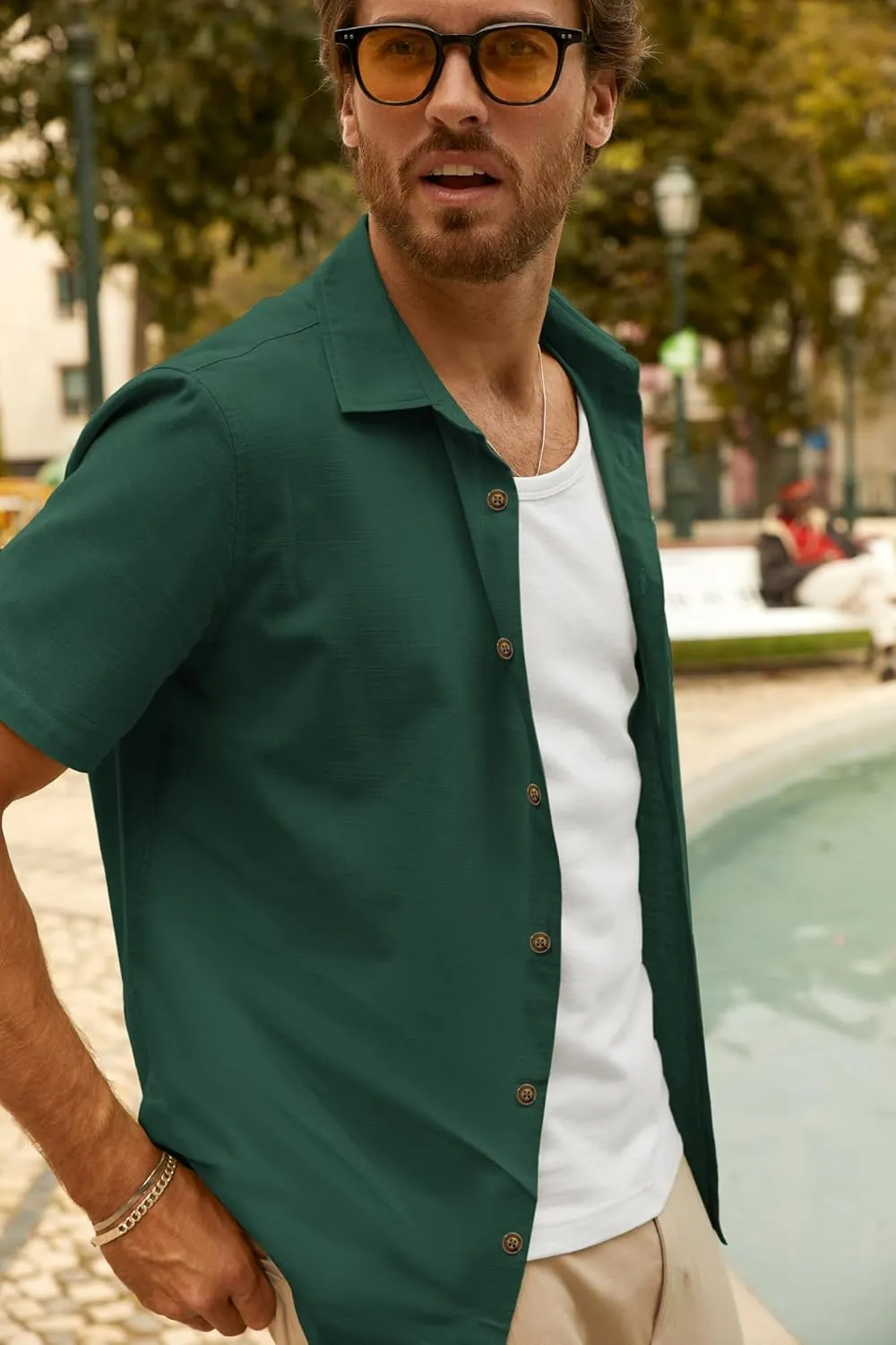 PJ PAUL JONES Mens Short Sleeve Button Down Shirts Summer Beach Shirts Untuckit Cotton Shirt with Pocket