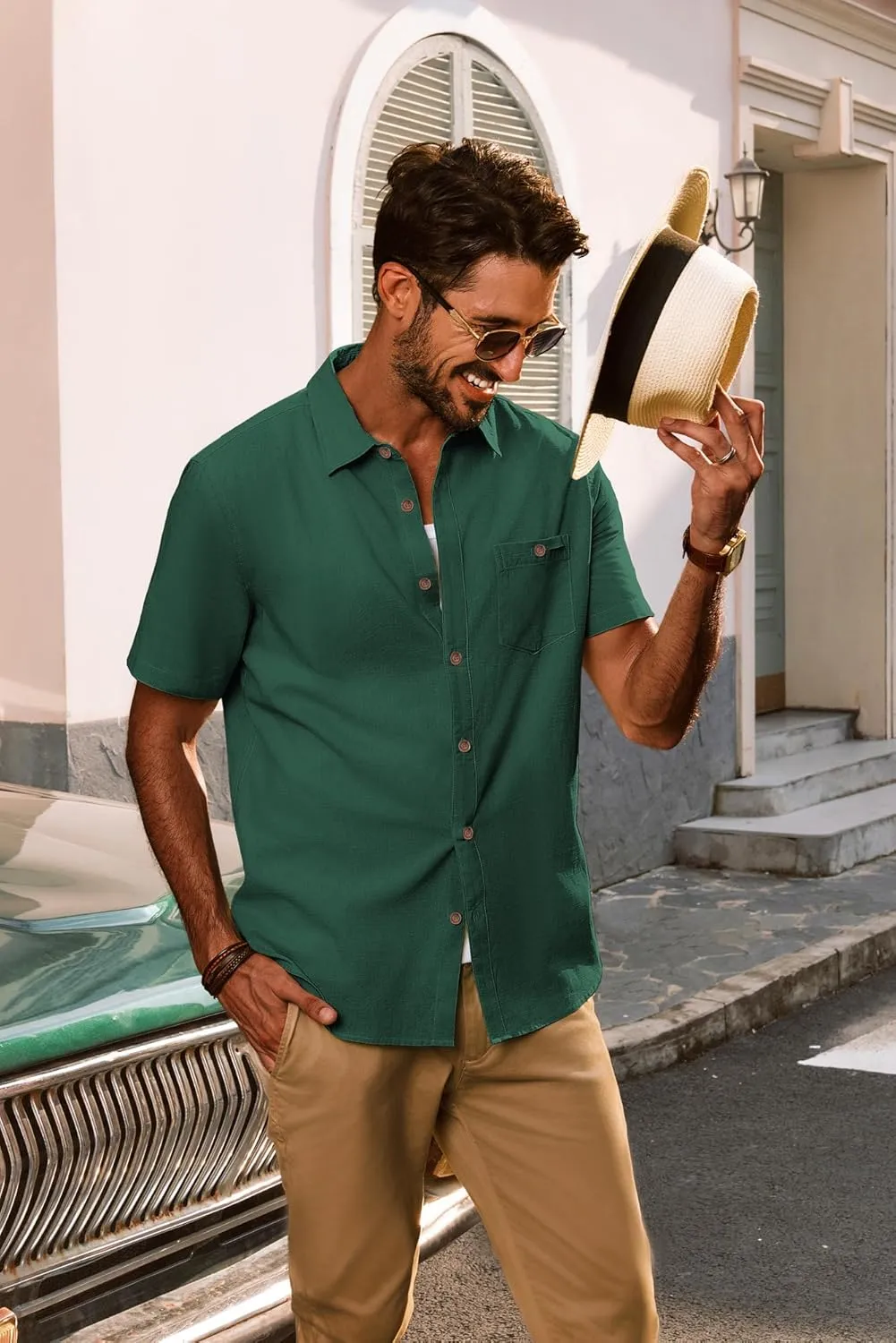 PJ PAUL JONES Mens Short Sleeve Button Down Shirts Summer Beach Shirts Untuckit Cotton Shirt with Pocket