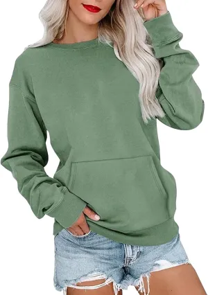 Plain Crewneck Sweatshirts Women Lightweight Fleece Oversized Sweatshirt Pullover Long Sleeve Tops Kangaroo Pocket