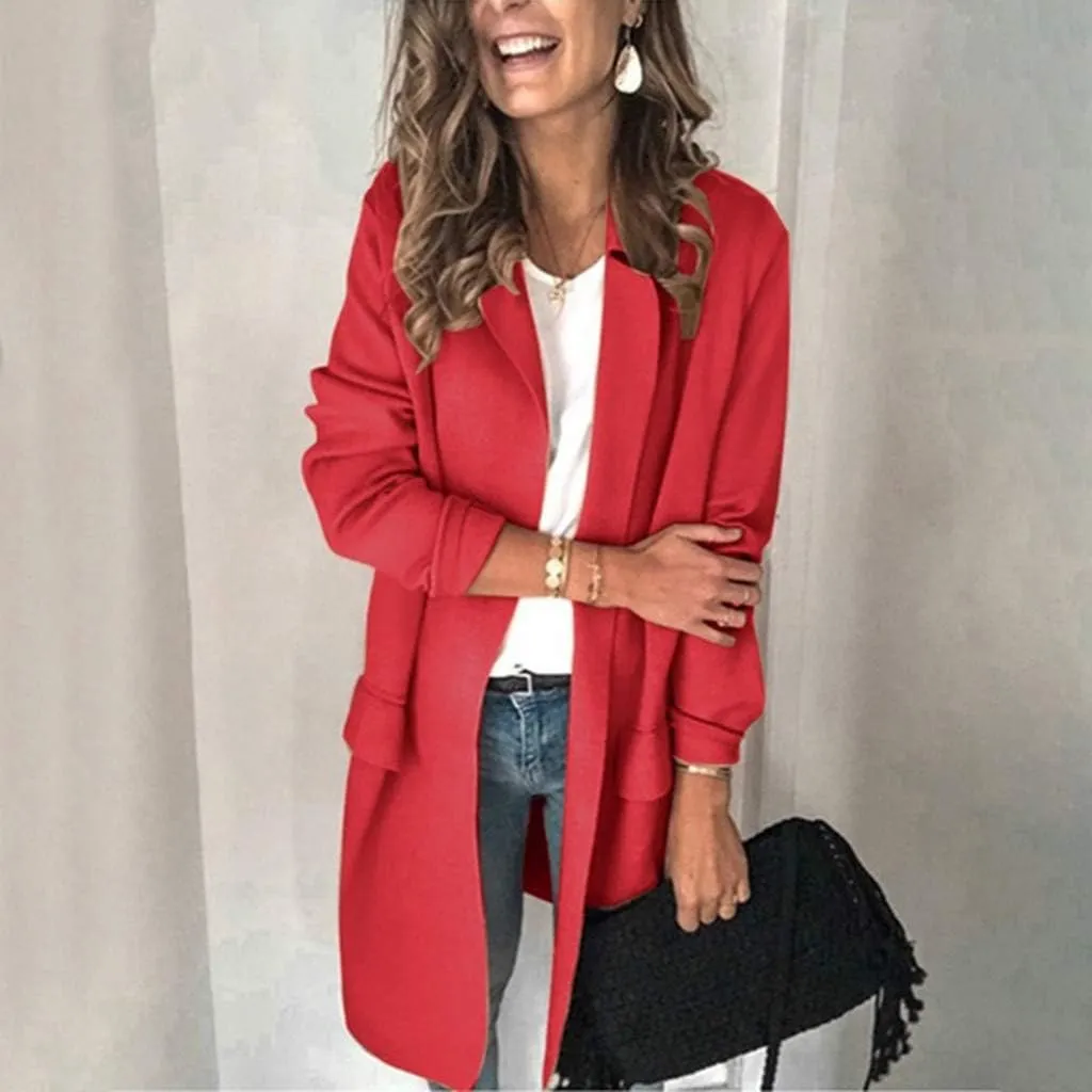 Plus Size Blazers Long Open Front Work Office Stretchy Suit Jackets Cardigans Coats