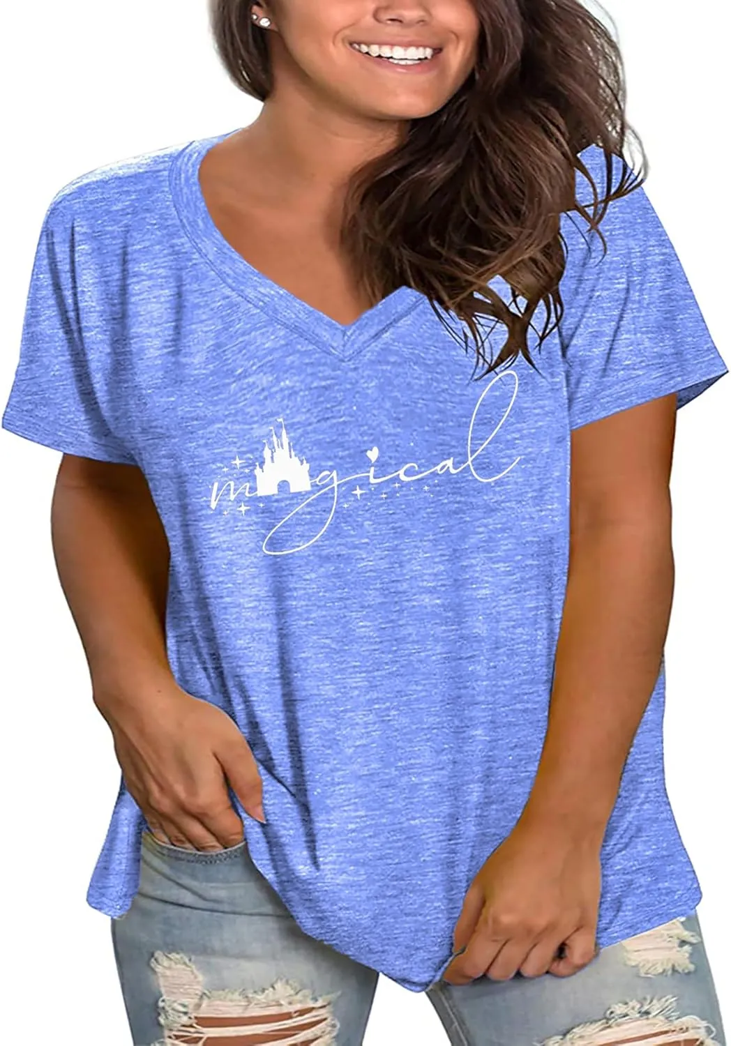 Plus Size Magical Shirts Women Magic Castle V Neck T Shirts Short Sleeve Tshirts Summer Tops