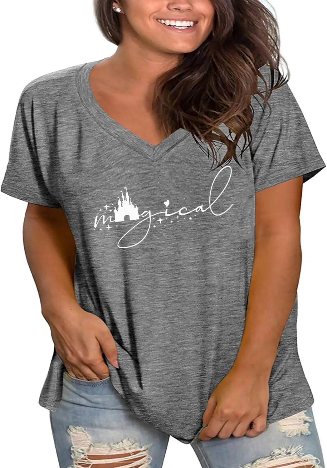 Plus Size Magical Shirts Women Magic Castle V Neck T Shirts Short Sleeve Tshirts Summer Tops