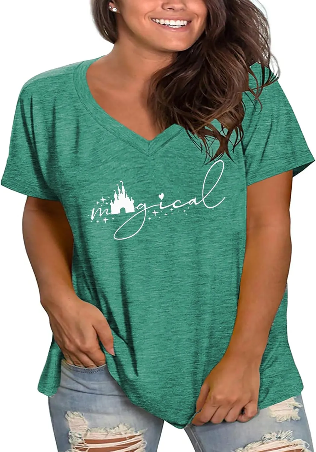 Plus Size Magical Shirts Women Magic Castle V Neck T Shirts Short Sleeve Tshirts Summer Tops