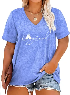 Plus Size Magical Shirts Women Magic Castle V Neck T Shirts Short Sleeve Tshirts Summer Tops