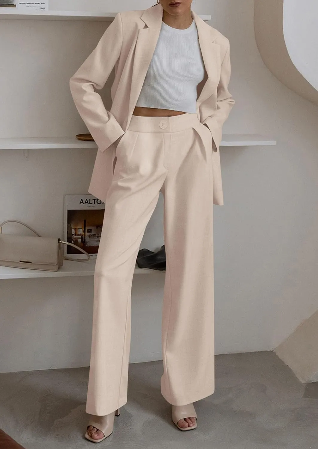 PRETTYGARDEN Women's Fall Two Piece Outfits Dressy Blazer Jacket and Wide Leg Pants Pockets Business Casual Office Suit Sets