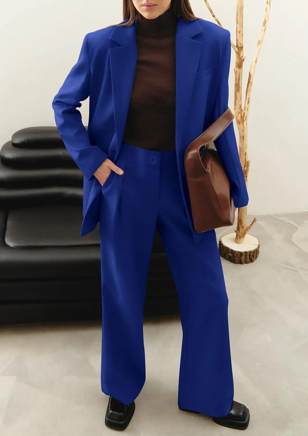 PRETTYGARDEN Women's Fall Two Piece Outfits Dressy Blazer Jacket and Wide Leg Pants Pockets Business Casual Office Suit Sets