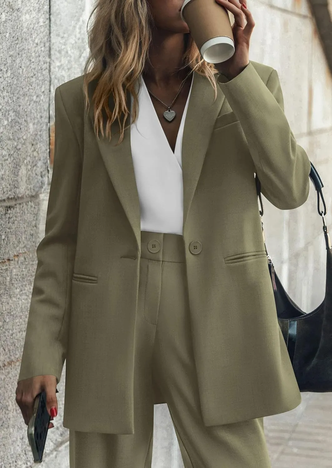 PRETTYGARDEN Women's Fall Two Piece Outfits Dressy Blazer Jacket and Wide Leg Pants Pockets Business Casual Office Suit Sets