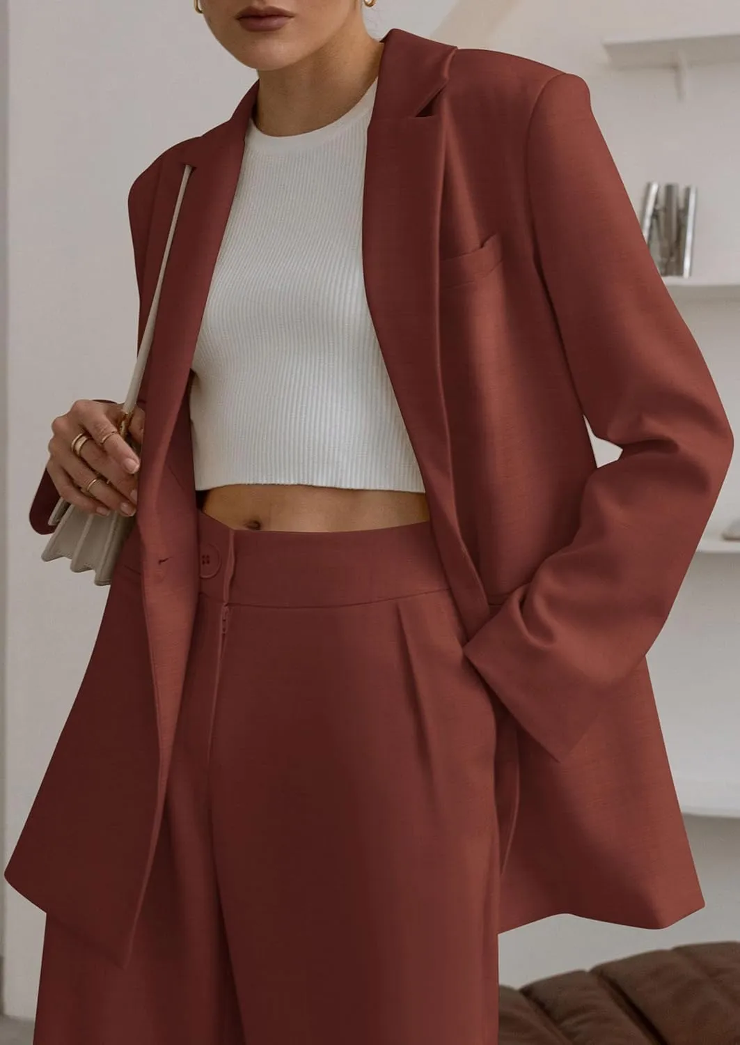PRETTYGARDEN Women's Fall Two Piece Outfits Dressy Blazer Jacket and Wide Leg Pants Pockets Business Casual Office Suit Sets