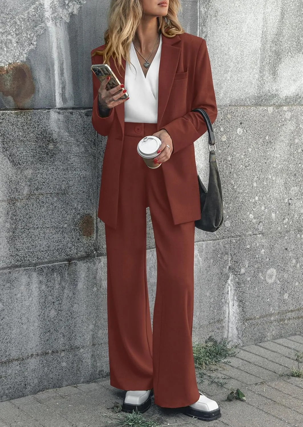 PRETTYGARDEN Women's Fall Two Piece Outfits Dressy Blazer Jacket and Wide Leg Pants Pockets Business Casual Office Suit Sets