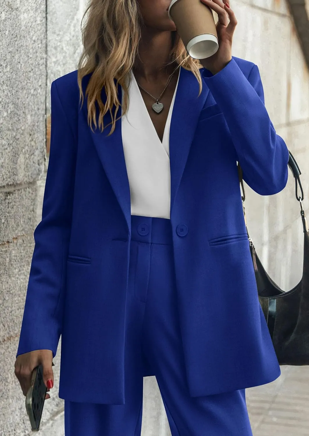PRETTYGARDEN Women's Fall Two Piece Outfits Dressy Blazer Jacket and Wide Leg Pants Pockets Business Casual Office Suit Sets