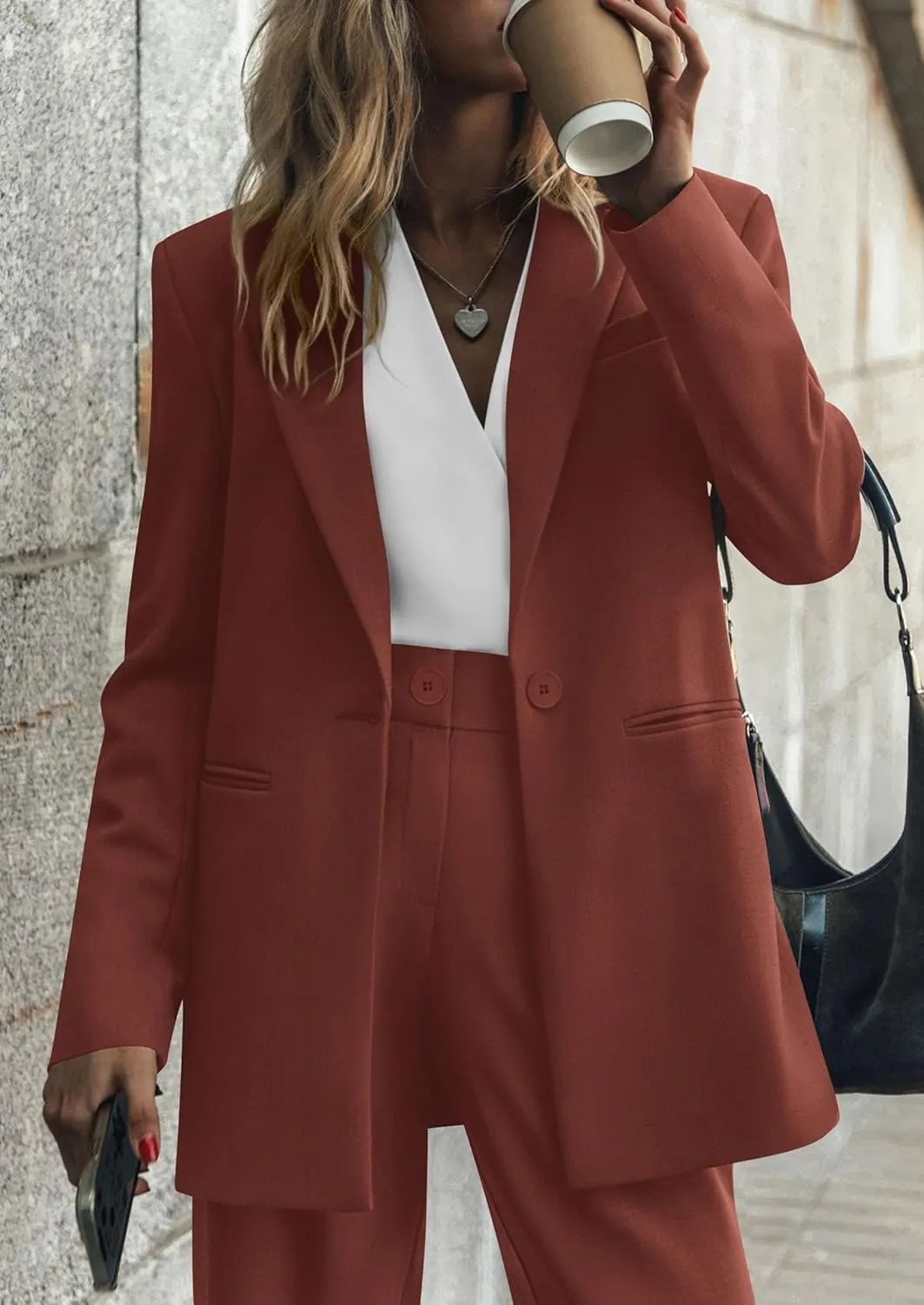 PRETTYGARDEN Women's Fall Two Piece Outfits Dressy Blazer Jacket and Wide Leg Pants Pockets Business Casual Office Suit Sets