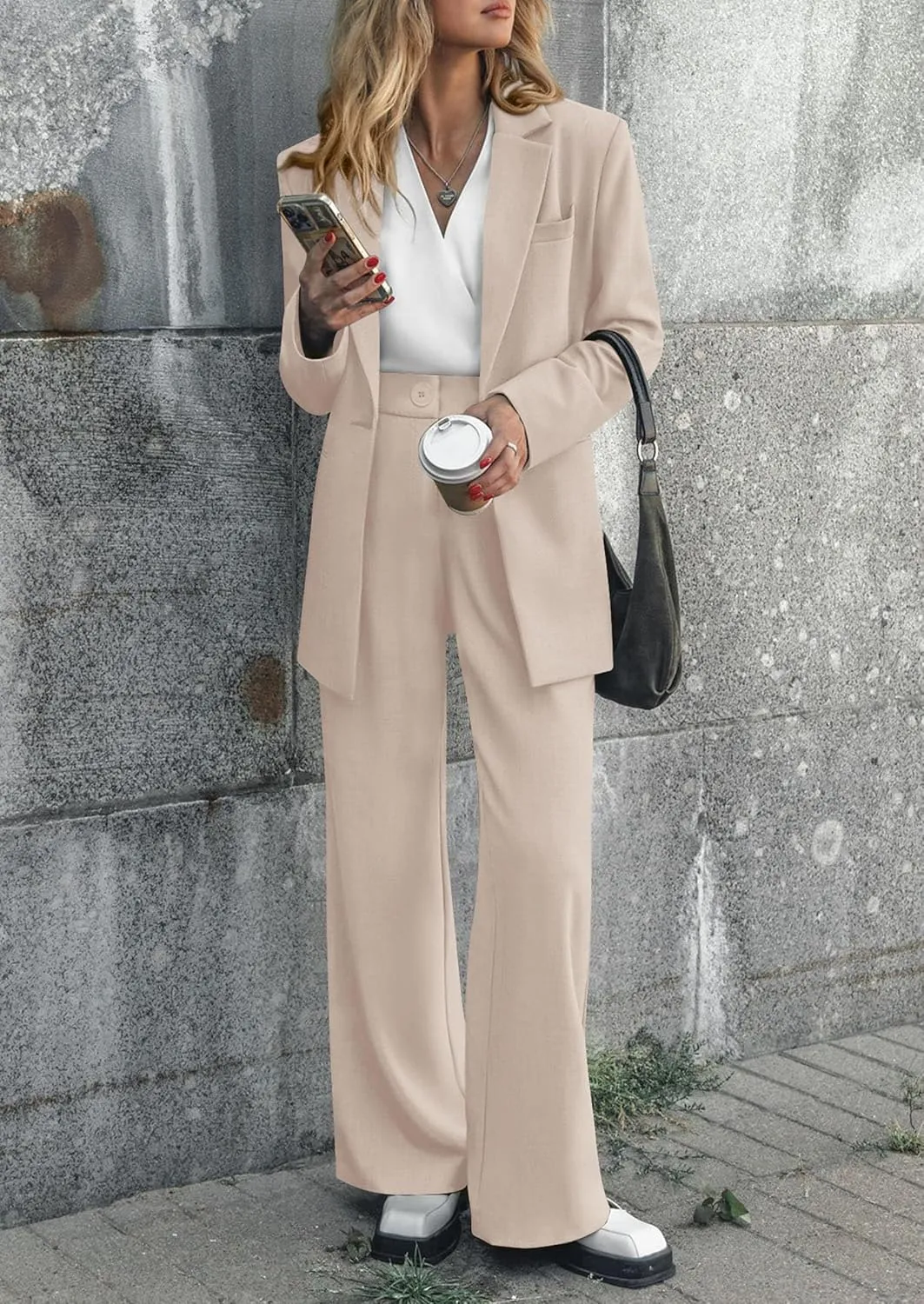 PRETTYGARDEN Women's Fall Two Piece Outfits Dressy Blazer Jacket and Wide Leg Pants Pockets Business Casual Office Suit Sets