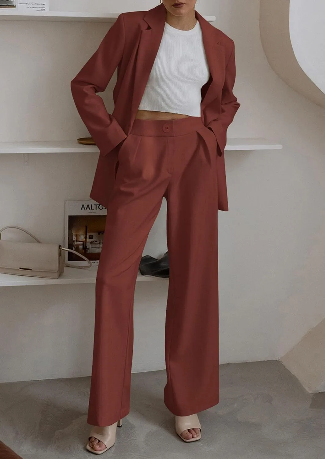 PRETTYGARDEN Women's Fall Two Piece Outfits Dressy Blazer Jacket and Wide Leg Pants Pockets Business Casual Office Suit Sets