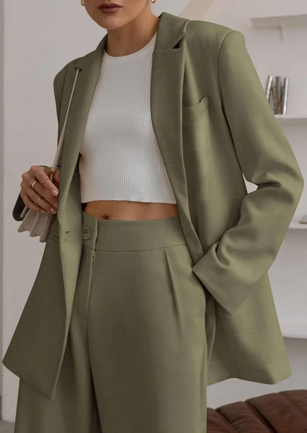 PRETTYGARDEN Women's Fall Two Piece Outfits Dressy Blazer Jacket and Wide Leg Pants Pockets Business Casual Office Suit Sets